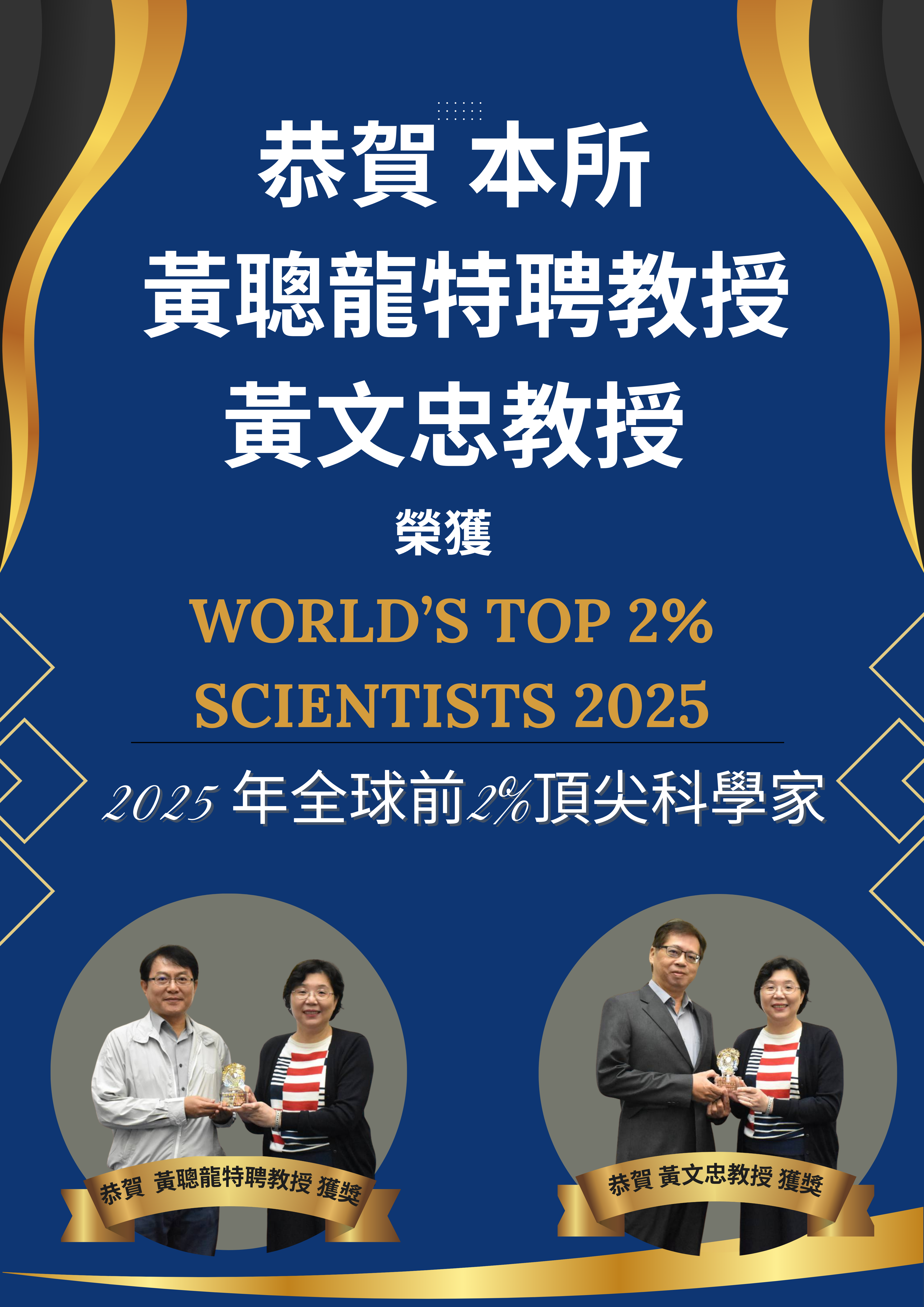 恭賀!!本所黃聰龍特聘教授與黃文忠教授 榮獲2025年全球前2%頂尖科學家(World’s Top 2% Scientists 2025)