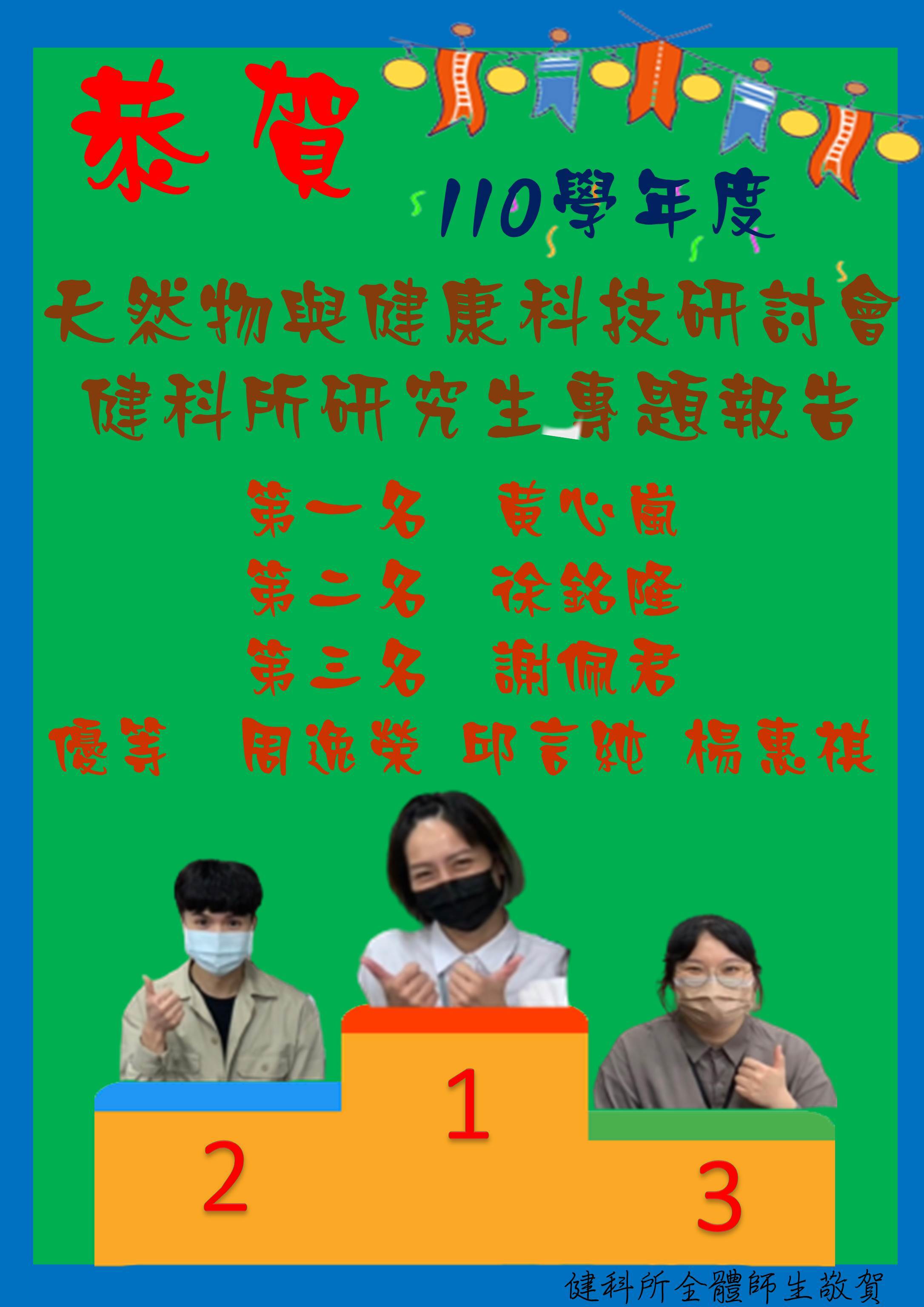 110學年度天然物與健康科技研討會-健科所研究生專題報告獲獎名單 第一名：黃心儀 第二名：徐琬隆 第三名：謝佩妮